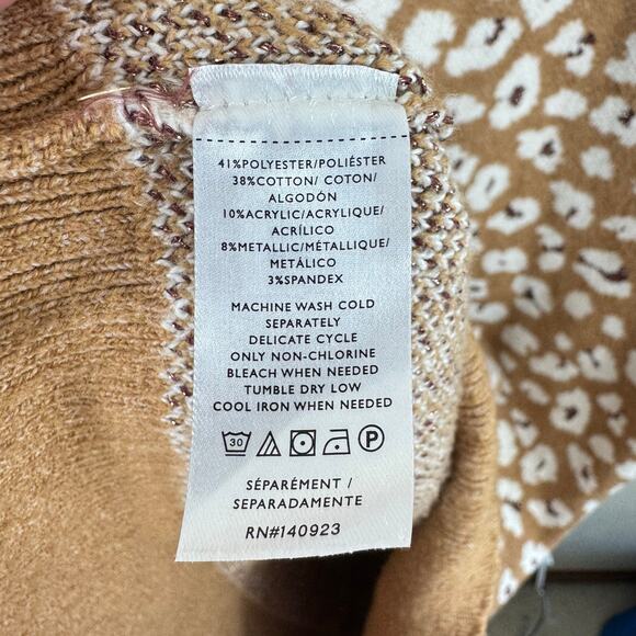 LOFT Tan White Leopard Print Long Sleeve Pullover Above Knee Sweater Dress Sz L - Picture 7 of 7